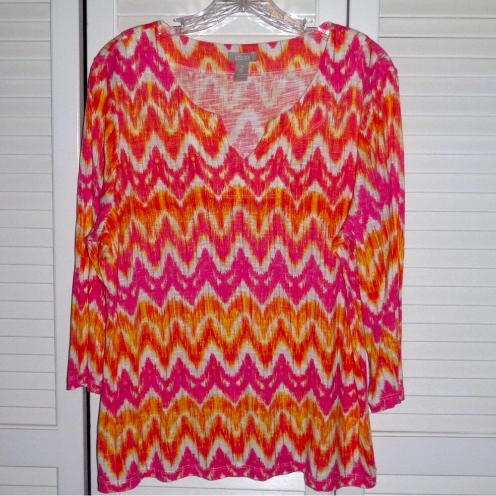 Chicos pink/orange chevron print tunic size L - Picture 1 of 5